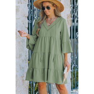 Green Cotton Tiered Babydoll Tunic Dress
